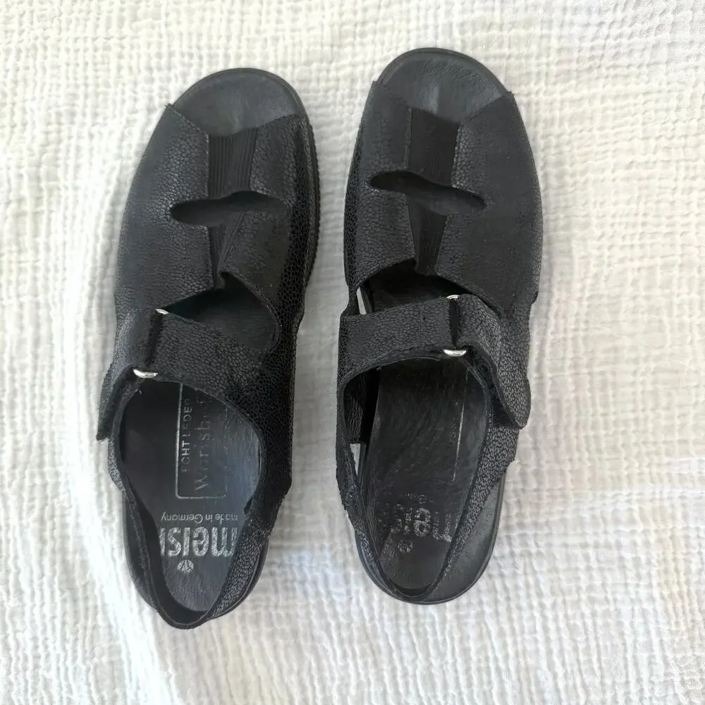 Meisi Women Sandals Size 6 Slides Black Leather Comfort Adjustable Strap Germany